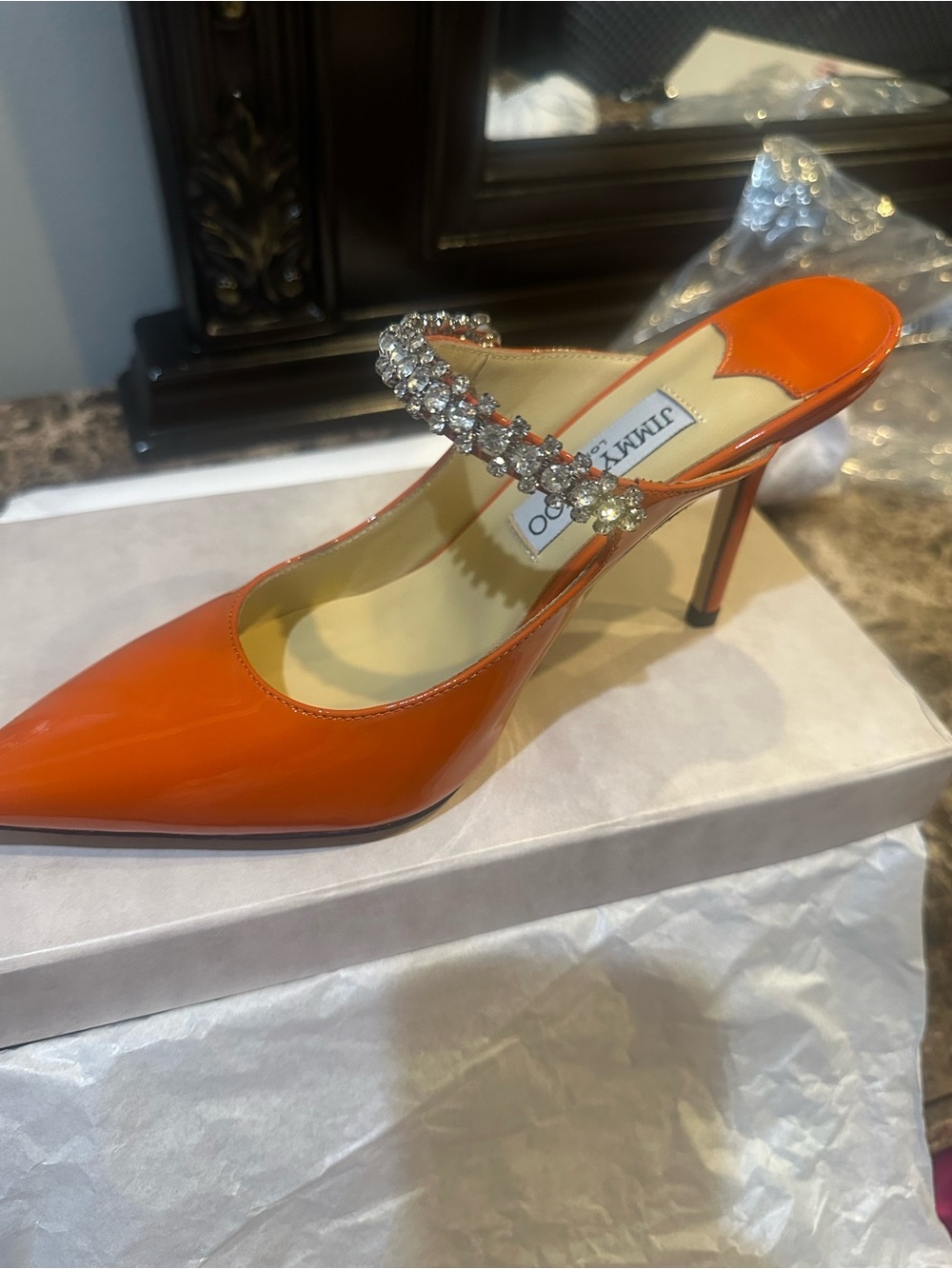 Jimmy Choo Orange Patent Leather Crystal-Strap Pointed Mule